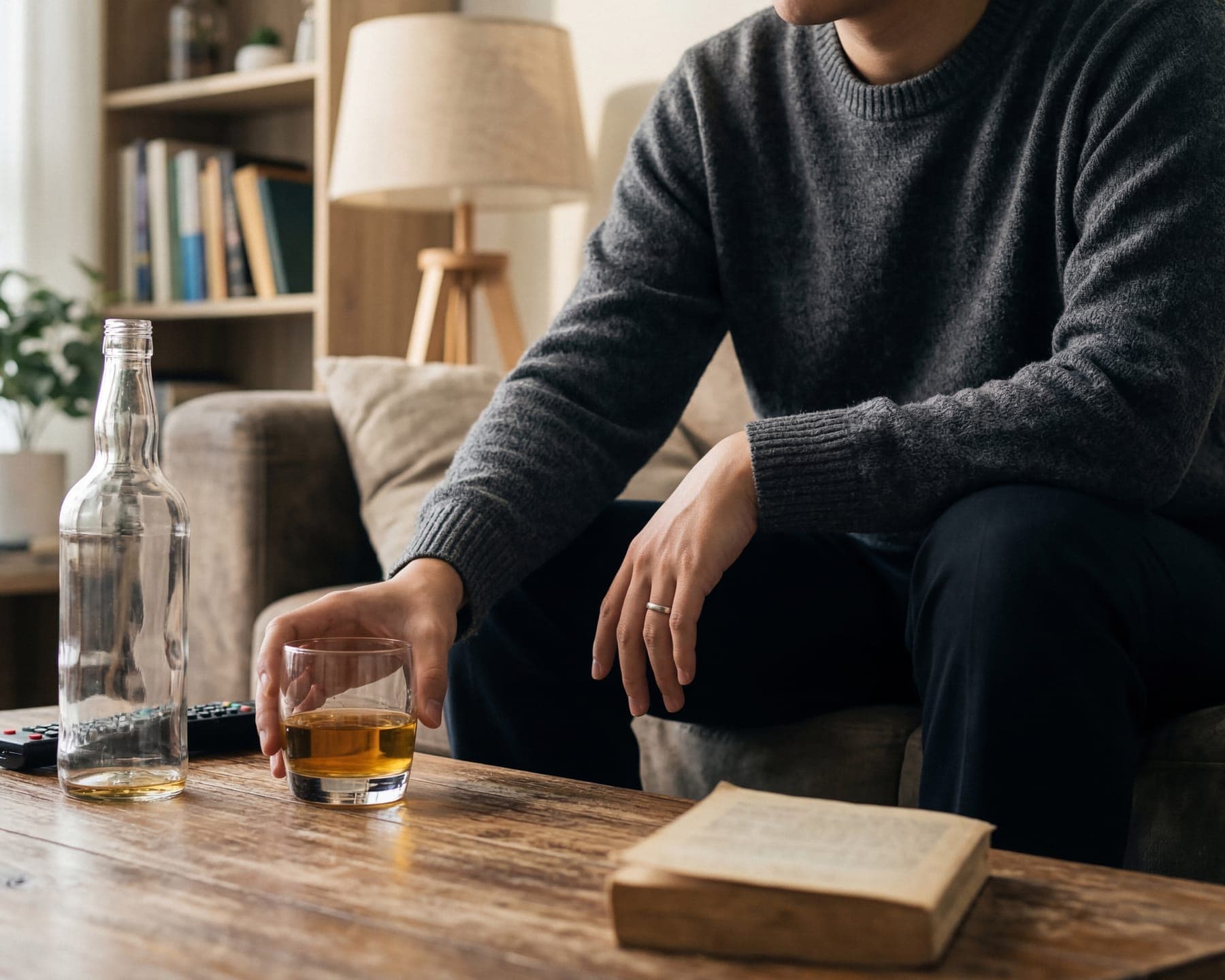 Man on his sofa at home, reaching for a glass of whisky