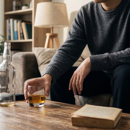 Man on his sofa at home, reaching for a glass of whisky