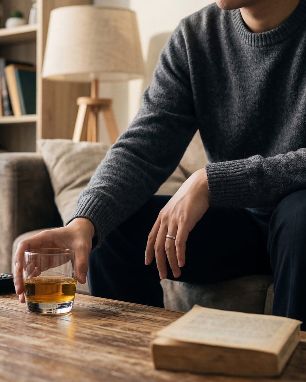 Man on his sofa at home, reaching for a glass of whisky